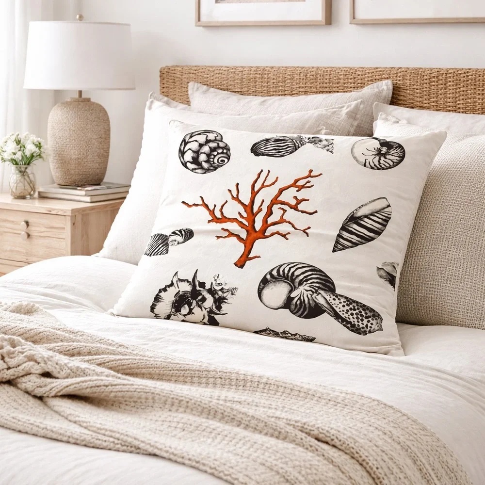 Coastal Seashell Coral Pillow Cover Modern Beach House Cotton Euro 26” Square